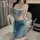 Woman wearing a sheer blue chinese-inspired lingerie qipao costume with elegant hanfu style details, perfect for nightclub or...