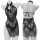 Black lace qipao-inspired lingerie set with halter neck and floral pattern, front and back view.