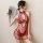 A woman poses elegantly in a sheer red chinese-style lace cheongsam lingerie set, featuring intricate floral embroidery and d...
