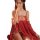 A woman wears a red chinese tang dynasty silk sleep gown, featuring a sheer robe design with floral patterns and belly dance-...