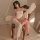 A woman sits elegantly on an antique chair, wearing a sheer chiffon vintage lingerie set. the outfit features a delicate flor...