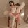 A woman sits elegantly on a vintage chair, wearing sheer chiffon chinese traditional doudou lingerie. the delicate design fea...