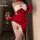 Sexy christmas bunny girl costume - red asymmetrical corset outfit with white furry trim and bow detail, perfect holiday ling...