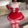 Sexy christmas bunny girl costume featuring a red dress with white lace, fluffy pom-poms, and fishnet stockings perfect for c...