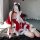 Sexy christmas deer lace lingerie set featuring festive red dress with white fur trim, lace gloves, and matching thong, perfe...