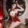Sexy christmas-themed red velvet lingerie set featuring antler headband, suspender stockings, and festive design details.