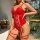 Sexy christmas red lace bodysuit with sheer design and ties, perfect holiday lingerie set for women.