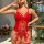 Sexy christmas red lace bodysuit with sheer design and ties, perfect holiday lingerie set for women.