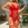 Sexy christmas red lace bodysuit with sheer design, features delicate lace and ties for womens holiday lingerie set.