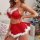 Christmas red lingerie set for women - festive fuzzy two-piece holiday costume outfit with santa clauses