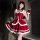 Sexy christmas dress with fluffy white trim and red bow, perfect for holiday parties.