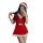 A woman poses in a festive red velvet christmas sleep dress with white trim and santa hat, perfect for holiday-themed role pl...