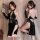 Elegant black velvet classic chinese-inspired lingerie set featuring a halter neck design, lace detailing, and cutouts for a ...