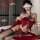 Elegant red classical chinese doudou lingerie set featuring embroidered lace bodice with tassels and sheer mesh wrap design.