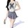 Woman wearing a backless college-style jk uniform lingerie set with a bow tie bodysuit, pleated skirt, and white thigh-high s...