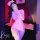 Woman in pink cos sexy nurse costume set with bodycon mini skirt, fishnet stockings, and nurse hat, posing in nightclub light...