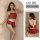 Woman modeling red satin lingerie set with lace trim; includes camisole top and shorts, shown front and back views for luxury...