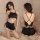 Woman modeling black lace-trimmed two-piece lingerie set, front and back views, on bed. luxury couples intimate lingerie set.