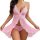 Woman wearing pink sheer lace mesh slip dress with matching panties, featuring delicate floral patterns and a bow at the fron...