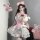 Cute kawaii maid costume set featuring creamy white dress with pink accents, playful bunny ears, and adorable plush toys enha...