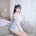 A woman poses in a cute maid costume, featuring a blue and white lace-trimmed outfit with a bow headband. perfect for cosplay...
