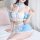 Cute lingerie set featuring a maid costume with lace trim, perfect for cosplay. includes a white top and blue skirt with bows...