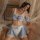 Cute maid costume set featuring a blue and white gingham design with lace trimmings, detachable straps, and peekaboo cutouts ...