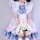 A cute pink and blue maid dress with ruffled sleeves and skirt, featuring a large blue bow and pink paw print, perfect for co...