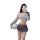 A woman models a cute schoolgirl outfit featuring a sheer sweater and micro skirt, holding a balloon while taking a mirror se...