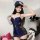 Sexy adult role play uniform featuring a navy blue zip-up officer costume with lace details and a matching cap, perfect for t...