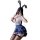 A woman poses with bunny ears, wearing a white blouse, blue plaid skirt, and black stockings, embodying a secretary uniform s...