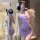 Seductive purple cheongsam lingerie set featuring a halter neck design with lace detailing, perfect for women seeking elegant...