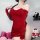 Red velvet dress with ruched design, perfect vintage costume outfit for women.
