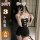 Sexy cat-themed maid costume with sheer cutouts & no-remove design