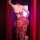Woman wearing red dunhuang flying apsara lingerie set with gold floral patterns, sheer mesh bodysuit inspired by hanfu style.