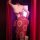 Woman wearing red dunhuang flying apsara lingerie set with gold-embossed sheer mesh bra top and matching skirt, back view.