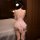 Woman wearing elegant lace bodysuit with floral mesh, adjustable straps, and corset-style back detail in soft pink.