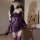 Woman wearing purple lace maid costume with gloves and garters, elegant role play lingerie set for women.