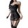 Woman wearing black lace maid costume with corset top, garter belt, and stockings for elegant role play lingerie set.