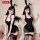 Two women modeling the elegant ol secretary outfit, featuring a sexy black lace bodycon dress with bunny ears for couples rol...