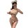 Woman modeling elegant pearl-embellished lingerie set with open-cup bra and matching thong, luxury sensual nightwear.