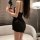 Elegant black satin tie-back sleep dress with v-neckline and lace trim, perfect for cozy nights.