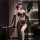 Woman in black fringe lingerie with gold accents, holding fan; elegant sensual set for couples.