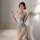 Sexy lace-up cheongsam mini dress with floral embroidery, perfect maid outfit for women.