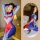 Woman modeling blue and red open-crotch bodysuit lingerie costume set for sexy role play with matching sleepwear.