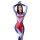 Woman wearing a red, blue, and white ultraman-inspired bodysuit with open-crotch design, posing with hands above head.