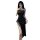 Elegant black satin dress with lace trim and high slit, featuring a backless design for seductive party or cosplay looks.