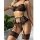Woman wearing a leopard print lace mesh lingerie set with sheer bra, thong panty, garter straps, and decorative pearl chain d...