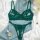 Emerald green lace bra and panty set on denim with jewelry. european-style aesthetic lace bodysuit set - minimalist sheer nud...