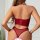 Woman wearing a red pure & tempting two-piece lingerie set, featuring a strapless bra and sheer thong for small bust enhancem...